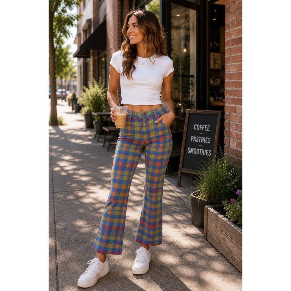 Free People Plaid Flare Pants Blue Green Red Check High Rise Side Zip Size 2 NEW